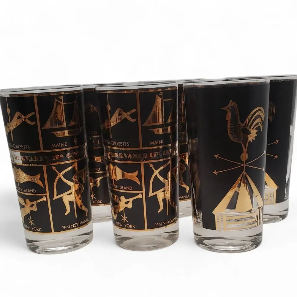 Vintage MCM Helen Conroy Highball Glasses Set of 6 Weathervane Americana‎